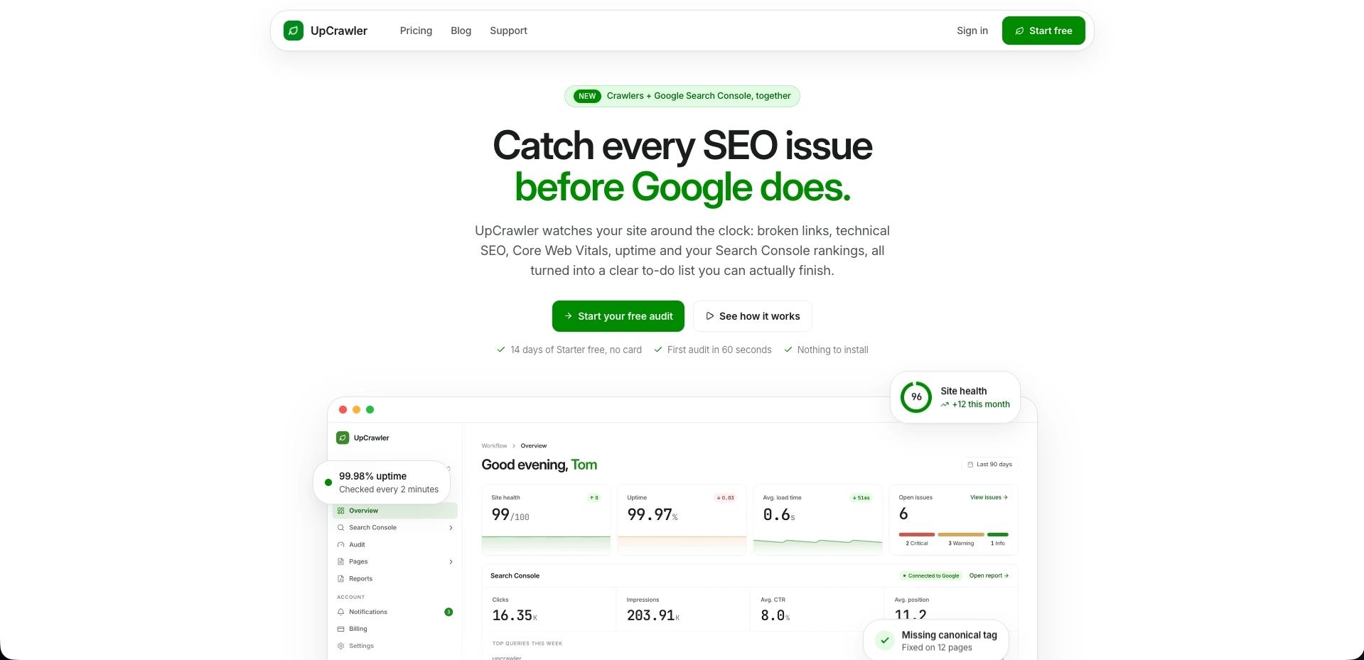 UpCrawler SEO monitoring dashboard